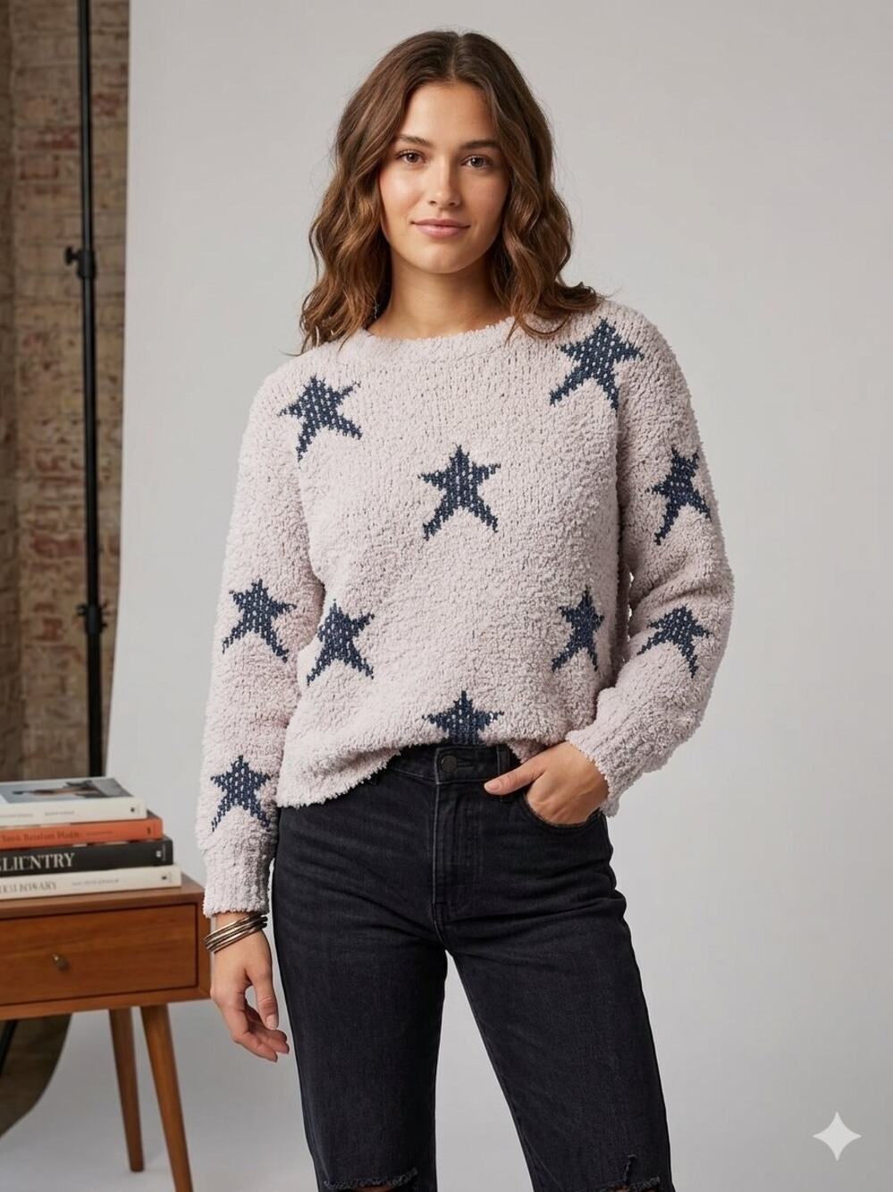 POL Cozy Popcorn Knit Star Sweater Fuzzy Plush Crewneck Pink Navy Size small